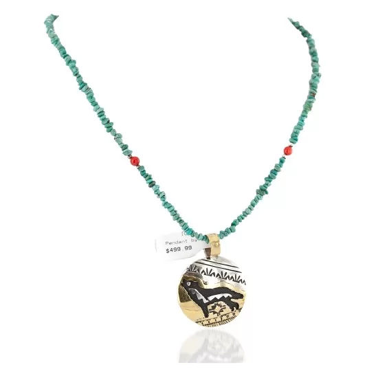 12kt Gold Filled and .925 Sterling Silver Handmade Wolf Certified Authentic Navajo Turquoise Coral Native American Necklace 24420-5-15336 12kt Gold Filled and .925 Sterling Silver Handmade Wolf Certified Authentic Navajo Turquoise Coral Native American Necklace 24420-5-15336