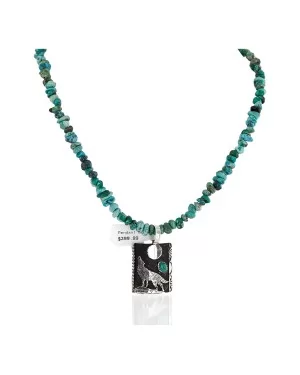 .925 Sterling Silver Handmade Wolf and Moon Certified Authentic Navajo Turquoise Native American Necklace 24421-2-15718