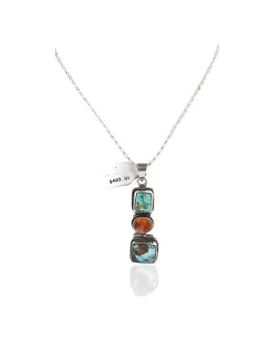 Handmade Navajo .925 Sterling Silver Natural Turquoise and Spiny Oyster Native American Necklace 10052