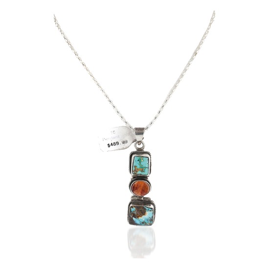 Handmade Navajo .925 Sterling Silver Natural Turquoise and Spiny Oyster Native American Necklace 10052