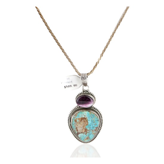 .925 Sterling Silver Handmade Certified Authentic Natural Turquoise and Purple Spiny Oyster Native American Necklace 10053-0