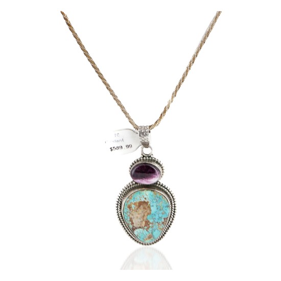 .925 Sterling Silver Handmade Certified Authentic Natural Turquoise and Purple Spiny Oyster Native American Necklace 10053-0 .925 Sterling Silver Handmade Certified Authentic Natural Turquoise and Purple Spiny Oyster Native American Necklace 10053-0