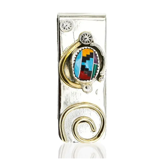 Handmade Certified Authentic Navajo Nickel and Brass Inlaid Natural Multicolor Stones Native American Money Clip 10525-10 Handmade Certified Authentic Navajo Nickel and Brass Inlaid Natural Multicolor Stones Native American Money Clip 10525-10