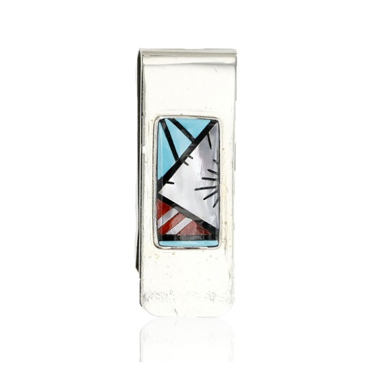 Handmade Certified Authentic Signed Navajo Nickel Inlaid Natural Turquoise Coral Mother of Pearl and Black Onyx Native American Money Clip 11245