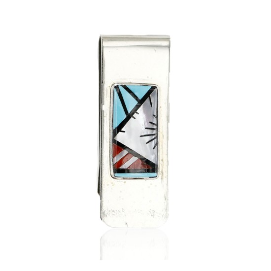 Handmade Certified Authentic Signed Navajo Nickel Inlaid Natural Turquoise Coral Mother of Pearl and Black Onyx Native American Money Clip 11245 Handmade Certified Authentic Signed Navajo Nickel Inlaid Natural Turquoise Coral Mother of Pearl and Black Onyx Native American Money Clip 11245