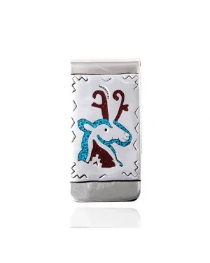 Deer .925 Sterling Silver Ray Begay Certified Authentic Handmade Navajo Native American Natural Turquoise Coral Money Clip 11253-5