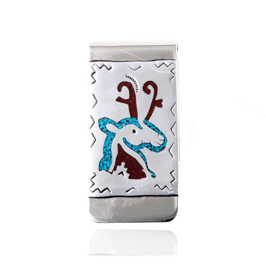 Deer .925 Sterling Silver Ray Begay Certified Authentic Handmade Navajo Native American Natural Turquoise Coral Money Clip 11253-5 Deer .925 Sterling Silver Ray Begay Certified Authentic Handmade Navajo Native American Natural Turquoise Coral Money Clip 11253-5