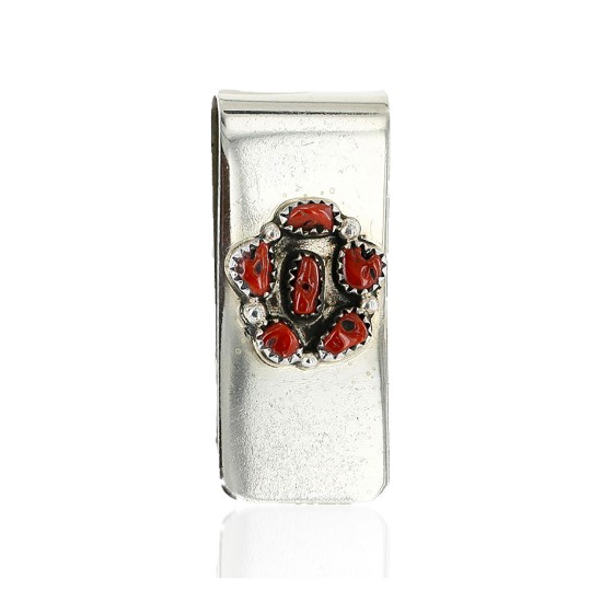 Handmade Certified Authentic Navajo .925 Sterling Silver Natural Coral Nuggets Native American Money Clip 1128