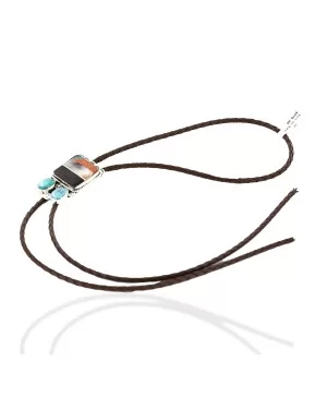 Handmade Navajo .925 Sterling Silver Turquoise Black Onyx Jasper Mother of Pearl Bolo Tie 1206-1
