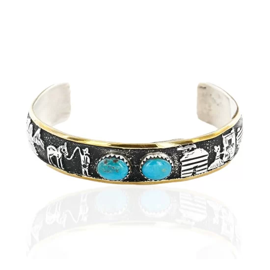 12kt Gold Filled and .925 Sterling Silver Handmade Storyteller Certified Authentic Navajo Turquoise Native American Bracelet 12638 12kt Gold Filled and .925 Sterling Silver Handmade Storyteller Certified Authentic Navajo Turquoise Native American Bracelet 12638