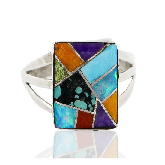 Handmade Certified Authentic Signed Navajo Inlaid .925 Sterling Silver Turquoise Multicolor Stones Native American Ring  12639