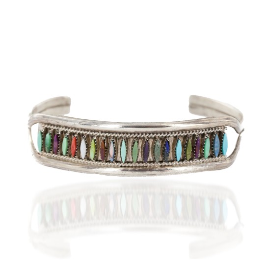 Handmade Certified Authentic Zuni .925 Sterling Silver Natural Turquoise Multicolor Native American Bracelet 12665-0
