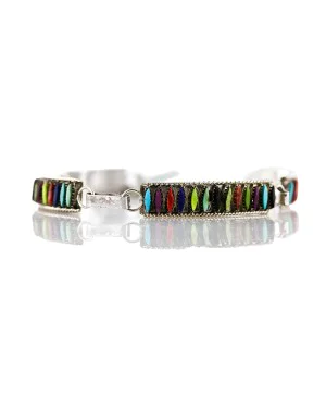 Petit Point Handmade Certified Authentic Zuni .925 Sterling Silver Multicolor Turquoise Link Native American Bracelet 12669