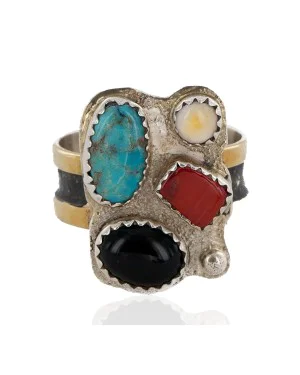 12kt Gold Filled 925 Sterling Silver Handmade Certified Authentic Navajo Natural Multicolor Stones Native American Ring 12690-2 12kt Gold Filled 925 Sterling Silver Handmade Certified Authentic Navajo Natural Multicolor Stones Native American Ring 12690-2