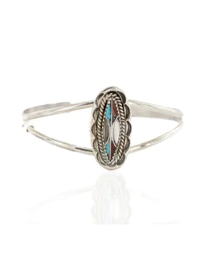 Handmade Certified Authentic Navajo .925 Sterling Silver Natural Turquoise Coral Mother of Pearl Inlay Native American Bracelet 12827-2