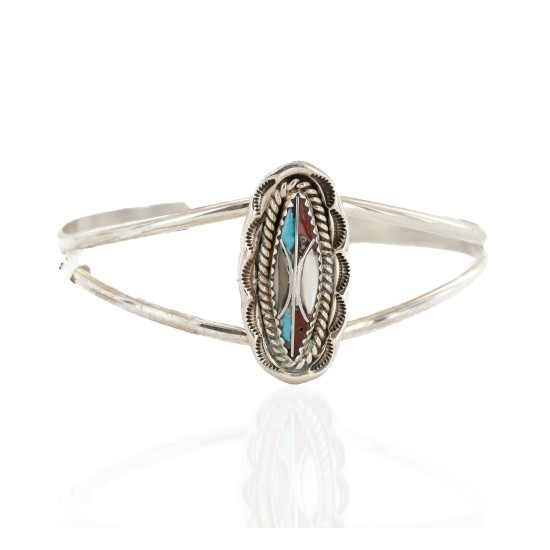 Handmade Certified Authentic Navajo .925 Sterling Silver Natural Turquoise Coral Mother of Pearl Inlay Native American Bracelet 12827-2 Handmade Certified Authentic Navajo .925 Sterling Silver Natural Turquoise Coral Mother of Pearl Inlay Native American Bracelet 12827-2