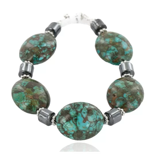 Certified Authentic Navajo .925 Sterling Silver Composite Turquoise Hematite Native American Bracelet 12892-3