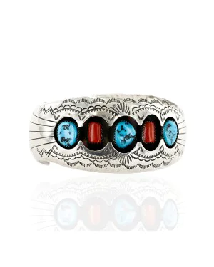 Certified Authentic Navajo .925 Sterling Silver Coral Turquoise Signed BENALLY Native American Bracelet 1293