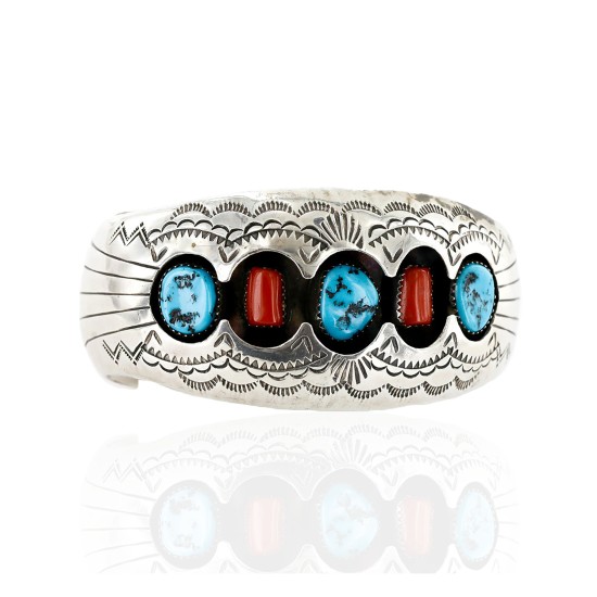 Certified Authentic Navajo .925 Sterling Silver Coral Turquoise Signed BENALLY Native American Bracelet 1293