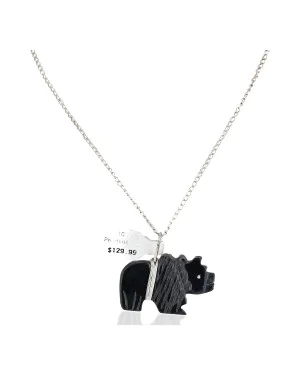 Hand Carved Fetish Certified Authentic Zuni .925 Sterling Silver Natural Jet Native American Necklace 14466