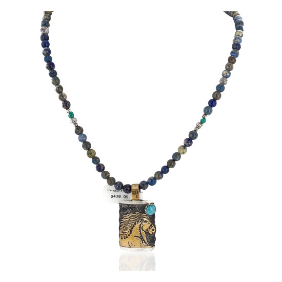 Horse 12kt Gold Filled and .925 Sterling Silver Handmade Certified Authentic Navajo Natural Lapis Turquoise Native American Necklace 14725-6-15834