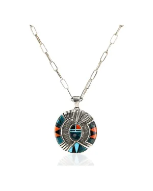 .925 Sterling Silver Handmade Certified Authentic Navajo Inlaid Natural Turquoise Coral Black Onyx Native American Necklace Pin 14728-10310