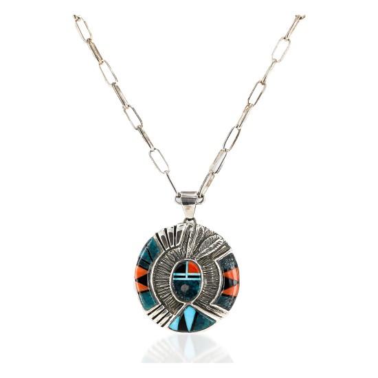 .925 Sterling Silver Handmade Certified Authentic Navajo Inlaid Natural Turquoise Coral Black Onyx Native American Necklace Pin 14728-10310