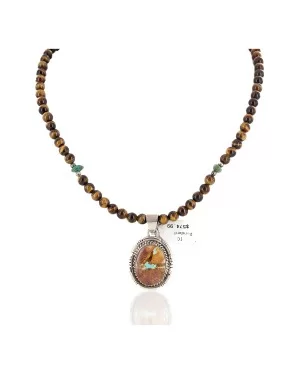 .925 Sterling Silver Handmade Certified Authentic Navajo Signed Natural Boulder Turquoise and Tigers Eye Native American Necklace 14815-15786