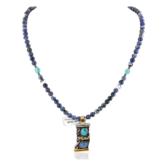 12kt Gold Filled and .925 Sterling Silver Handmade Certified Authentic Navajo Natural Turquoise and Lapis Native American Necklace 1490-16-15338