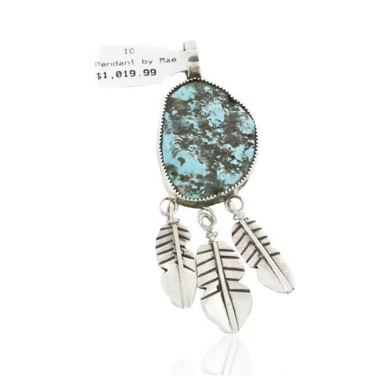 Feather Certified Authentic .925 Sterling Silver Handmade Navajo Natural Turquoise Native American Pendant 14990-1