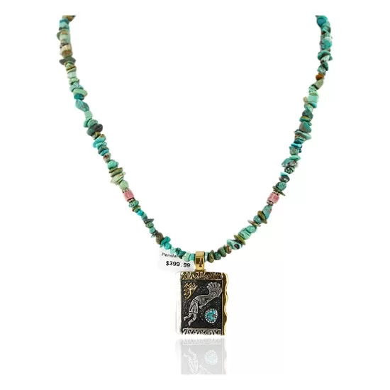 $590 12kt Gold Filled And .925 Sterling Silver Handmade KOKOPELI Certified Authentic Navajo Natural Turquoise Native American Necklace 15000-9 $590 12kt Gold Filled And .925 Sterling Silver Handmade KOKOPELI Certified Authentic Navajo Natural Turquoise Native American Necklace 15000-9