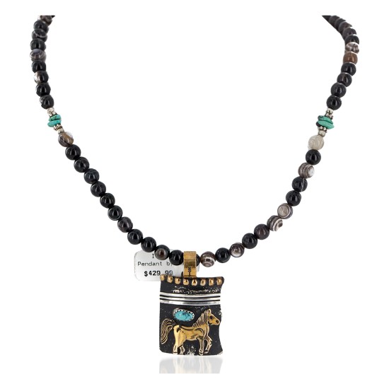 12kt Gold Filled and .925 Sterling Silver Handmade Certified Authentic Horse Navajo Natural Agate and Turquoise Native American Necklace 15036-2-15814