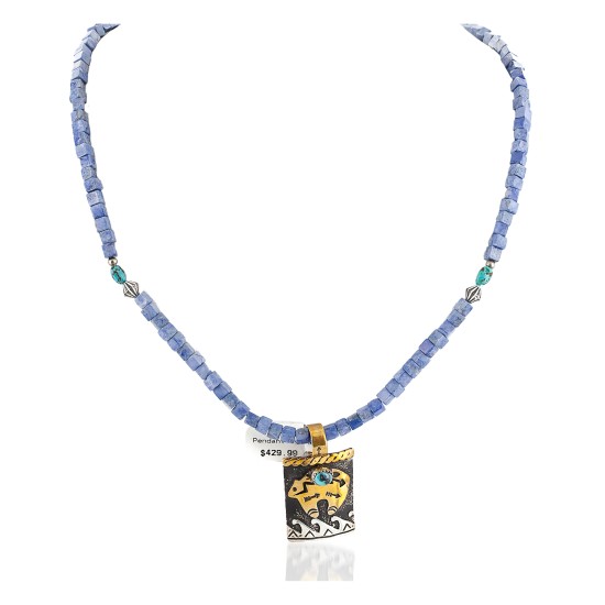 12kt Gold Filled and .925 Sterling Silver Handmade Bear Certified Authentic Navajo Natural Turquoise and Lapis Native American Necklace 15036-40-10225