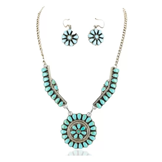 Handmade Certified Authentic Navajo .925 Sterling Silver Natural Turquoise Set Native American Necklace Earrings 15789-14644