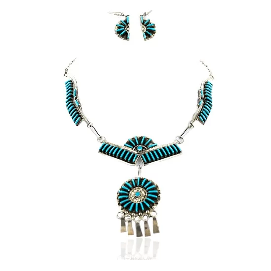 Petit Point Handmade Certified Authentic Zuni .925 Sterling Silver Turquoise Set Native American Necklace Earrings 15790-17946 Petit Point Handmade Certified Authentic Zuni .925 Sterling Silver Turquoise Set Native American Necklace Earrings 15790-17946