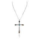 .925 Sterling Silver Handmade Cross Certified Authentic Signed Navajo Coral Natural Turquoise Tigers Eye Black Onyx Malachite Native American Necklace 15836