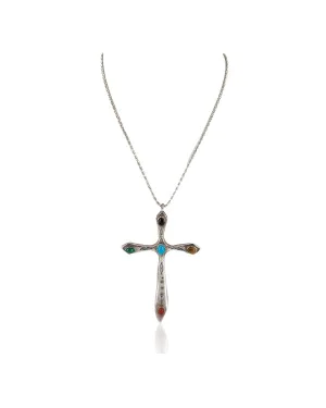 .925 Sterling Silver Handmade Cross Certified Authentic Signed Navajo Coral Natural Turquoise Tigers Eye Black Onyx Malachite Native American Necklace 15836