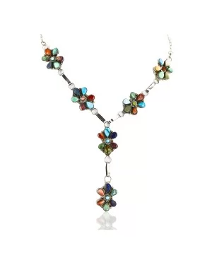 Petit Point Handmade Zuni .925 Sterling Silver Multicolor Stones and Turquoise Native American Necklace 15903