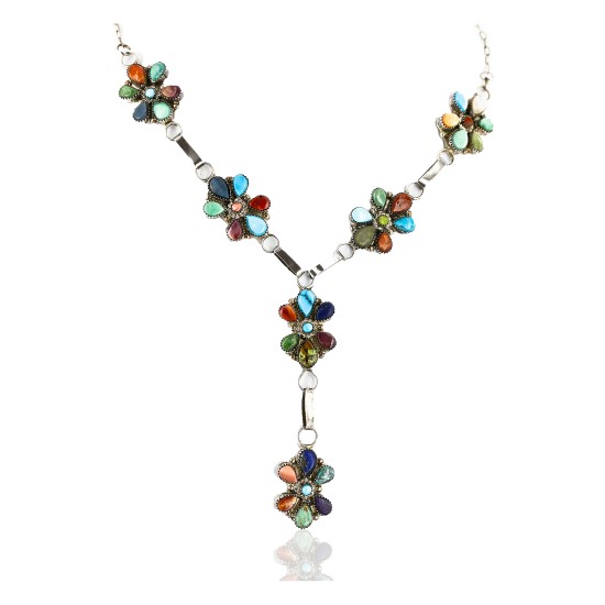 Petit Point Handmade Zuni .925 Sterling Silver Multicolor Stones and Turquoise Native American Necklace 15903 Petit Point Handmade Zuni .925 Sterling Silver Multicolor Stones and Turquoise Native American Necklace 15903