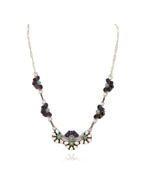 Petit Point Handmade Certified Authentic Zuni .925 Sterling Silver Turquoise Sugilite and White Howlite Native American Necklace 15921