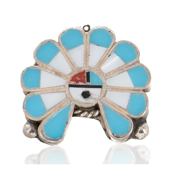 Certified Authentic Handmade Navajo .925 Sterling Silver Coral Natural Turquoise Mother of Pearl Native American Pin and Pendant 16036