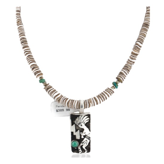 Certified Authentic Kokopelli .925 Sterling Silver Handmade Navajo Natural Turquoise Graduated Melon Shell Native American Necklace 24424-6-16057
