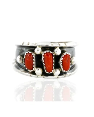 Handmade Certified Authentic Signed Navajo .925 Sterling Silver Coral Native American Ring  16452