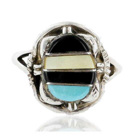 Handmade Certified Authentic Navajo Signed .925 Sterling Silver Inlaid Natural Turquoise Black Onyx and Mother of Pearl Native American Ring  16481