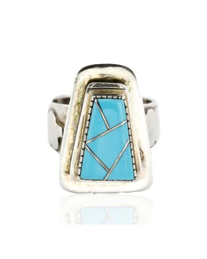 Handmade Certified Authentic Navajo .925 Sterling Silver Signed Inlaid Natural Turquoise Native American Ring  16516
