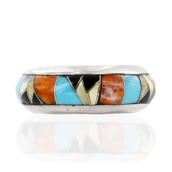 Handmade Signed Certified Authentic Navajo Inlaid .925 Sterling Silver Natural Turquoise Black Onyx Spiny Oyster and Mother of Pearl Native American Ring  16710