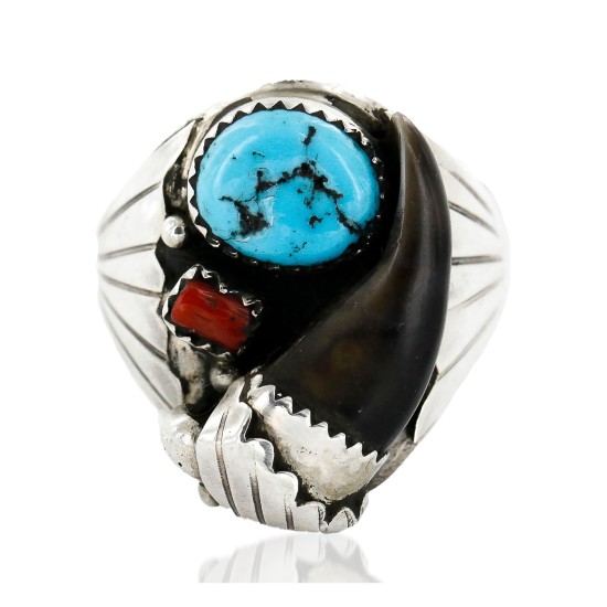 Handmade Certified Authentic Claw Signed Navajo .925 Sterling Silver Natural Turquoise and Coral Native American Ring  16924