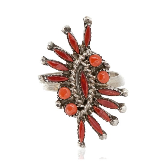 Handmade Certified Authentic Zuni .925 Sterling Silver Coral Native American Ring  16984-2