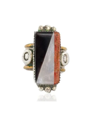 .925 Sterling Silver Handmade Certified Authentic Navajo Inlay Natural Black Onyx Jasper Mother of Pearl Native American Ring  17007-1