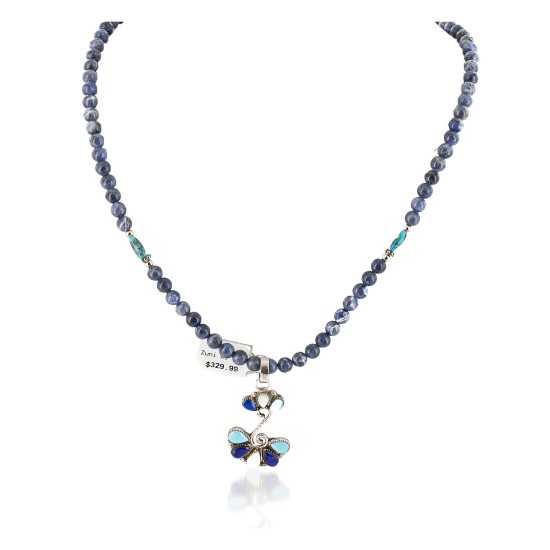 Petit Point Handmade Certified Authentic Zuni .925 Sterling Silver Natural Turquoise Lapis and Mother of Pearl Native American Necklace 174127-5-102235